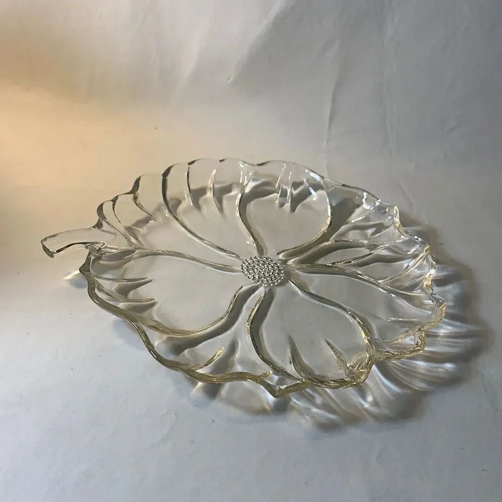 Plate Clear Glass Flower Petal Shape Stem Vintage Trivet Serving Vanity Bar Used